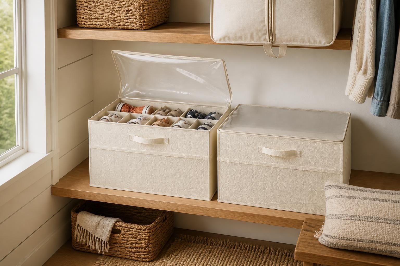 Cream fabric shoe organizer boxes with clear zipped lids and divided compartments holding shoes in a lodge closet
