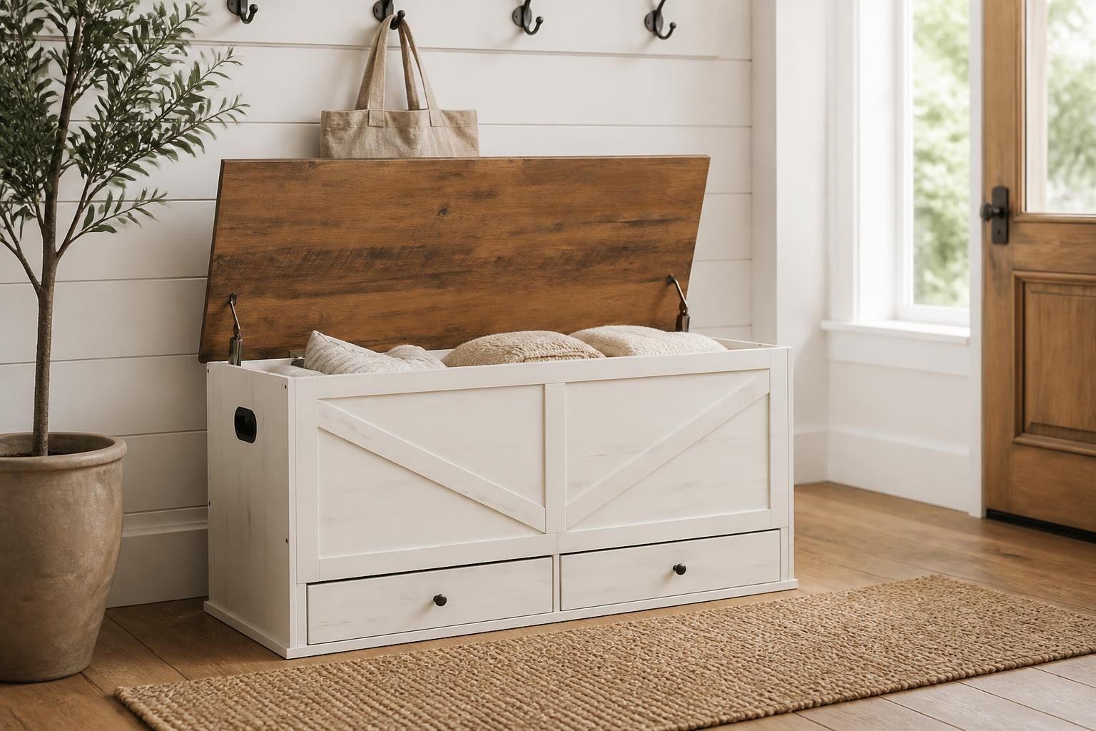 Rustic white farmhouse storage chest bench with a barn-door front, open wood lid and two fabric drawers in a lodge entryway
