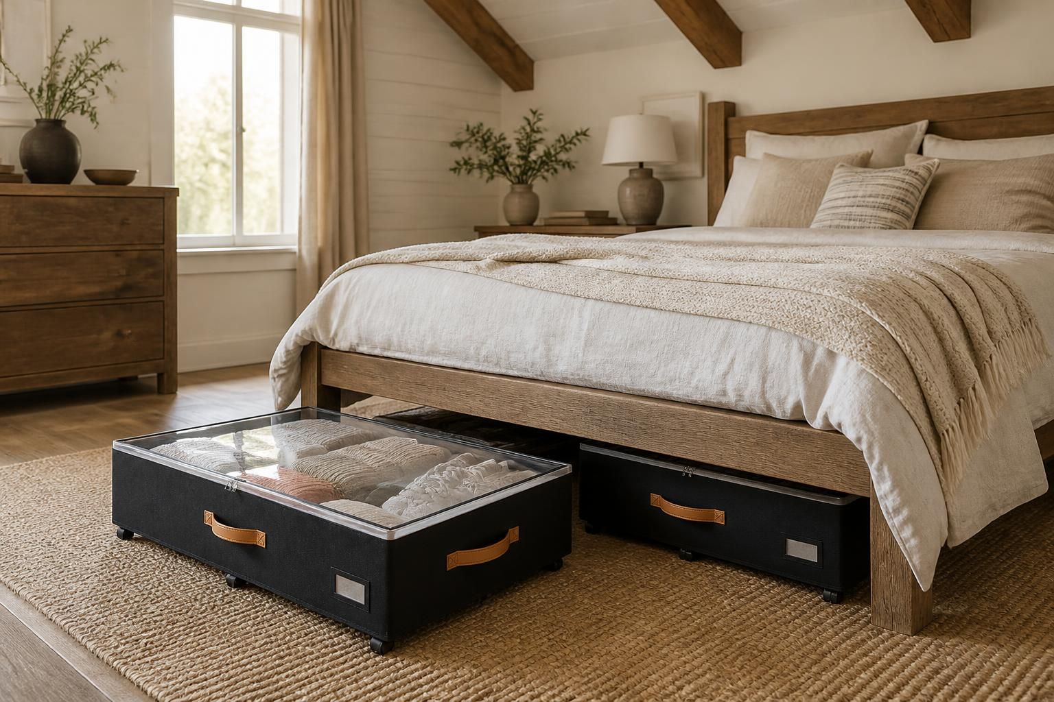 Black fabric under-bed storage bins with clear tops and leather handles sliding out from beneath a bed in a lodge bedroom