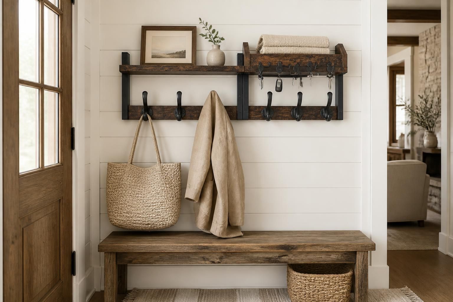 Rustic brown wall-mounted coat rack with shelf holding coats, keys and mail in a lodge entryway