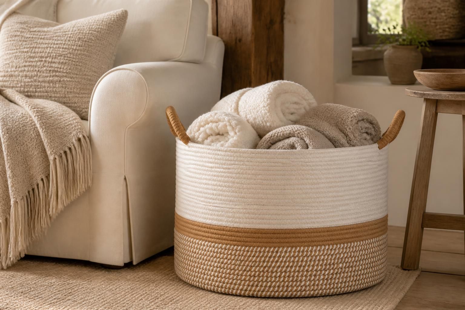 Large natural cotton rope blanket basket beside a linen sofa in a cozy lodge corner