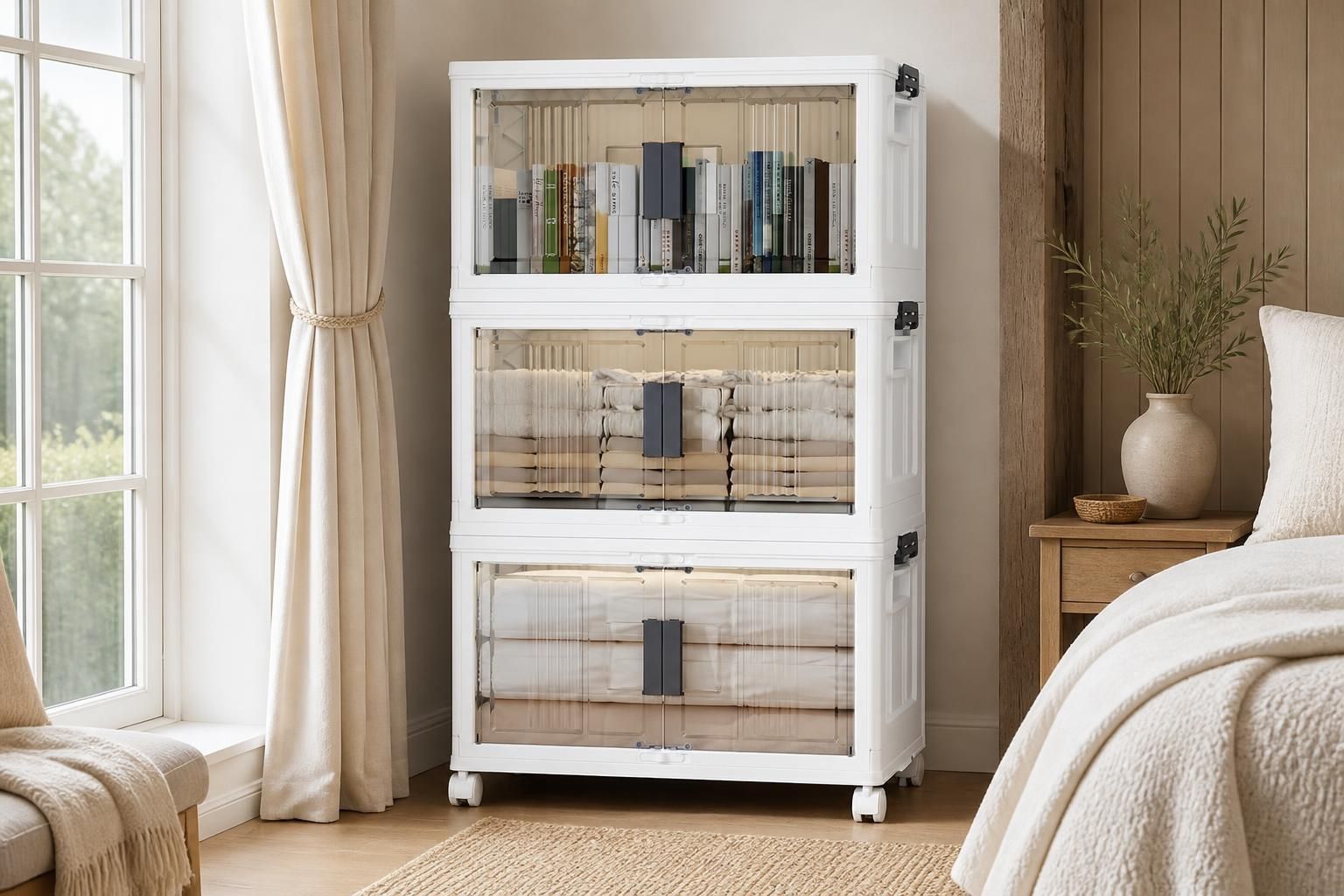 Stackable storage bins with lids neatly arranged on wood shelving in a tidy closet