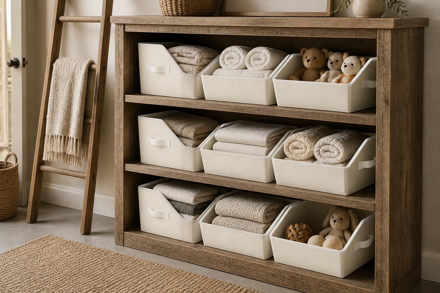 Beige fabric trapezoid storage bins arranged on open shelving holding towels and small items
