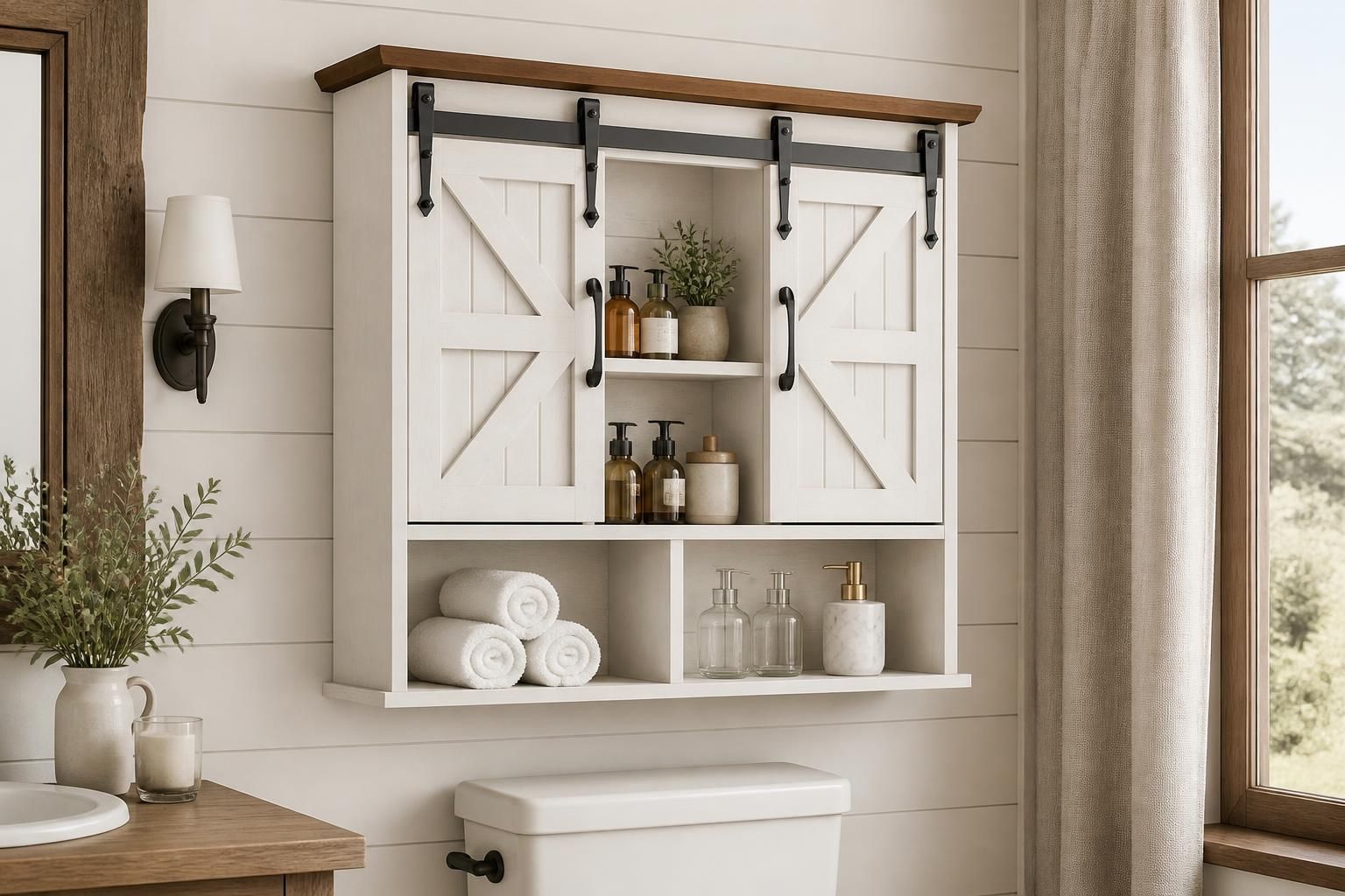 Rustic white wall cabinet with sliding barn doors above a toilet in a farmhouse bathroom