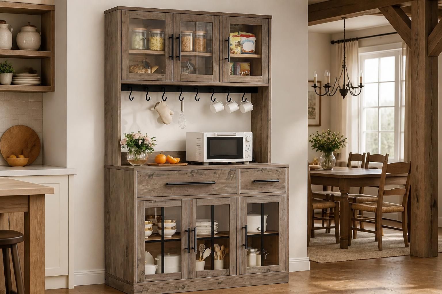Tall grey oak kitchen pantry cabinet with acrylic doors holding a microwave and pantry goods