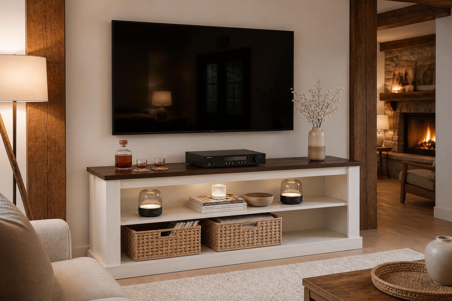 Rustic white wooden TV stand with two open shelves under a large television in a lodge living room