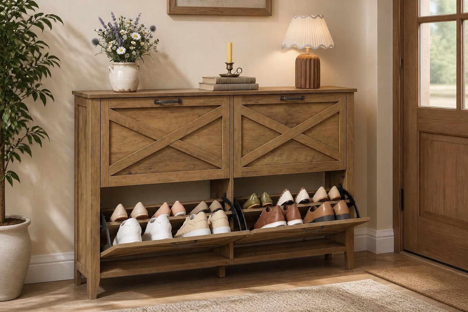 Narrow honey brown shoe cabinet with a flip drawer open showing shoes in a lodge entryway