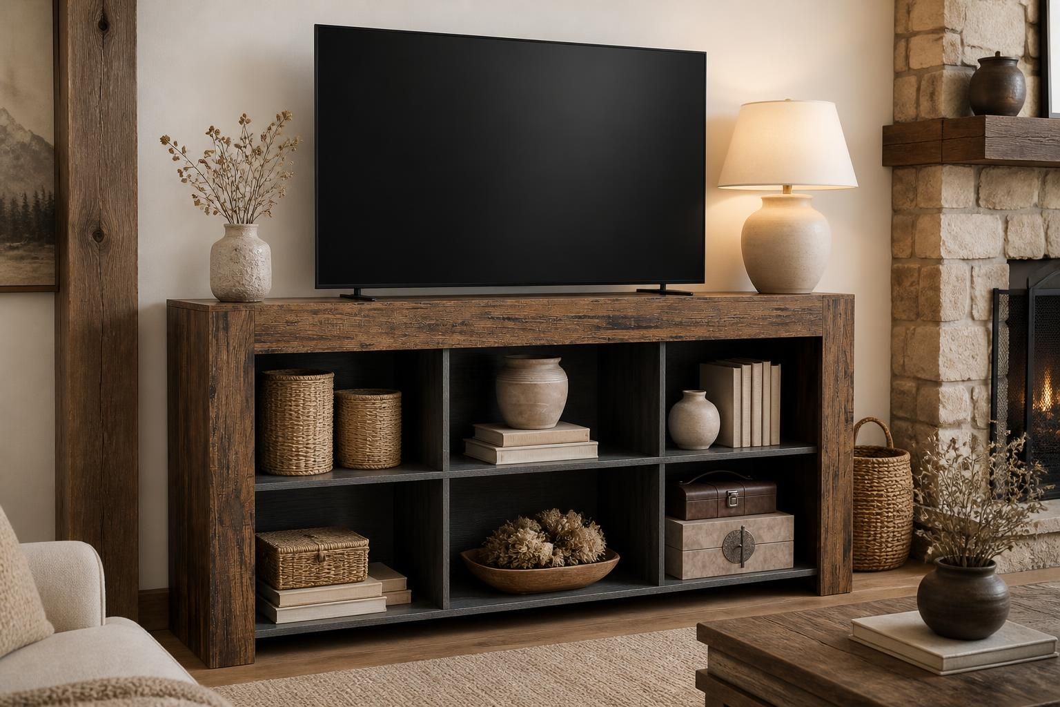 Brown and dark grey TV stand with open storage cubes holding woven baskets in a lodge living room