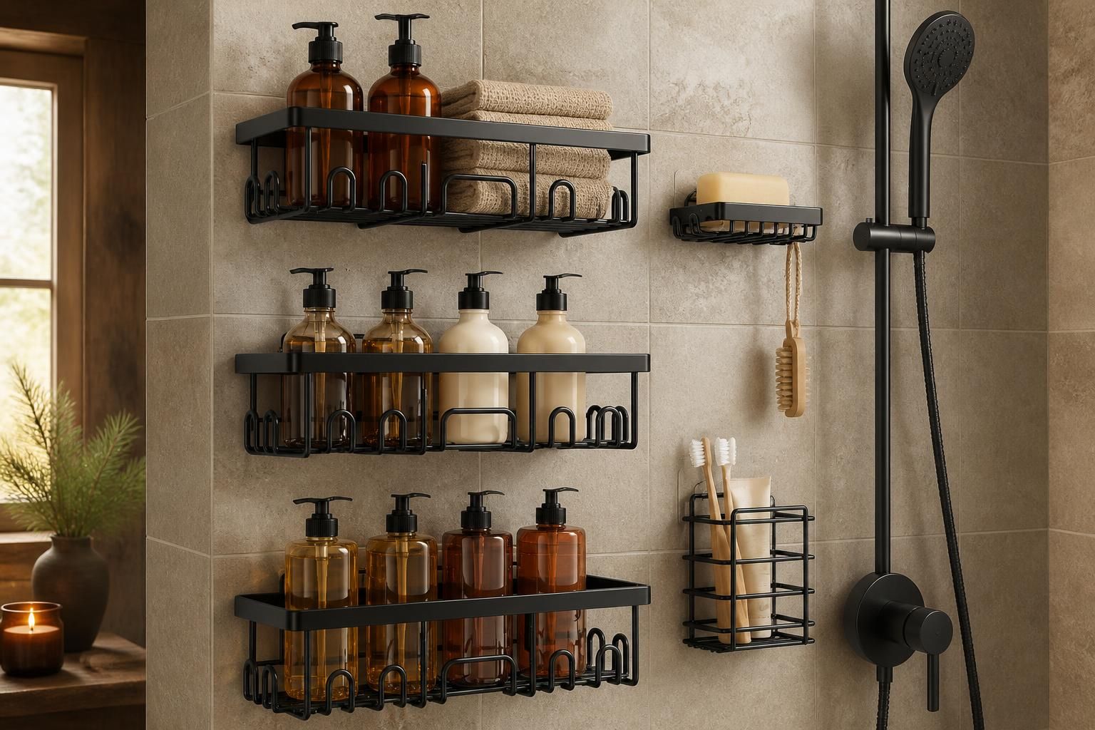 Black rustproof shower caddies mounted on a neutral tiled wall holding bath bottles