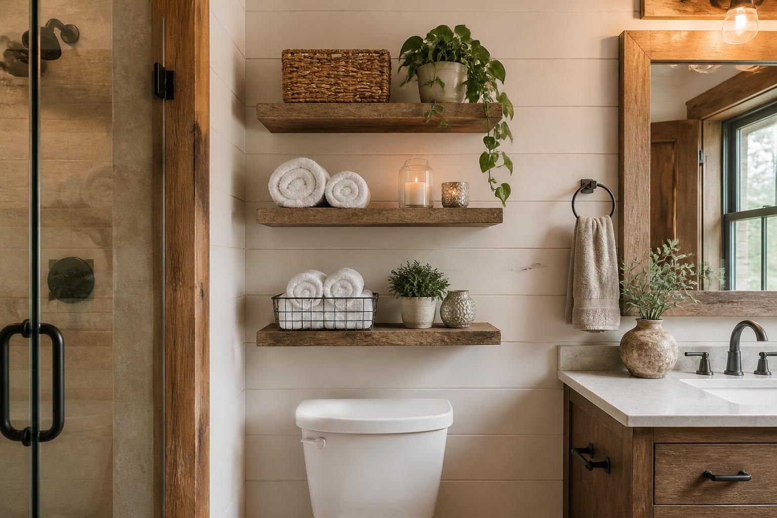 Three brown wooden floating shelves stacked above a toilet styled with towels and plants
