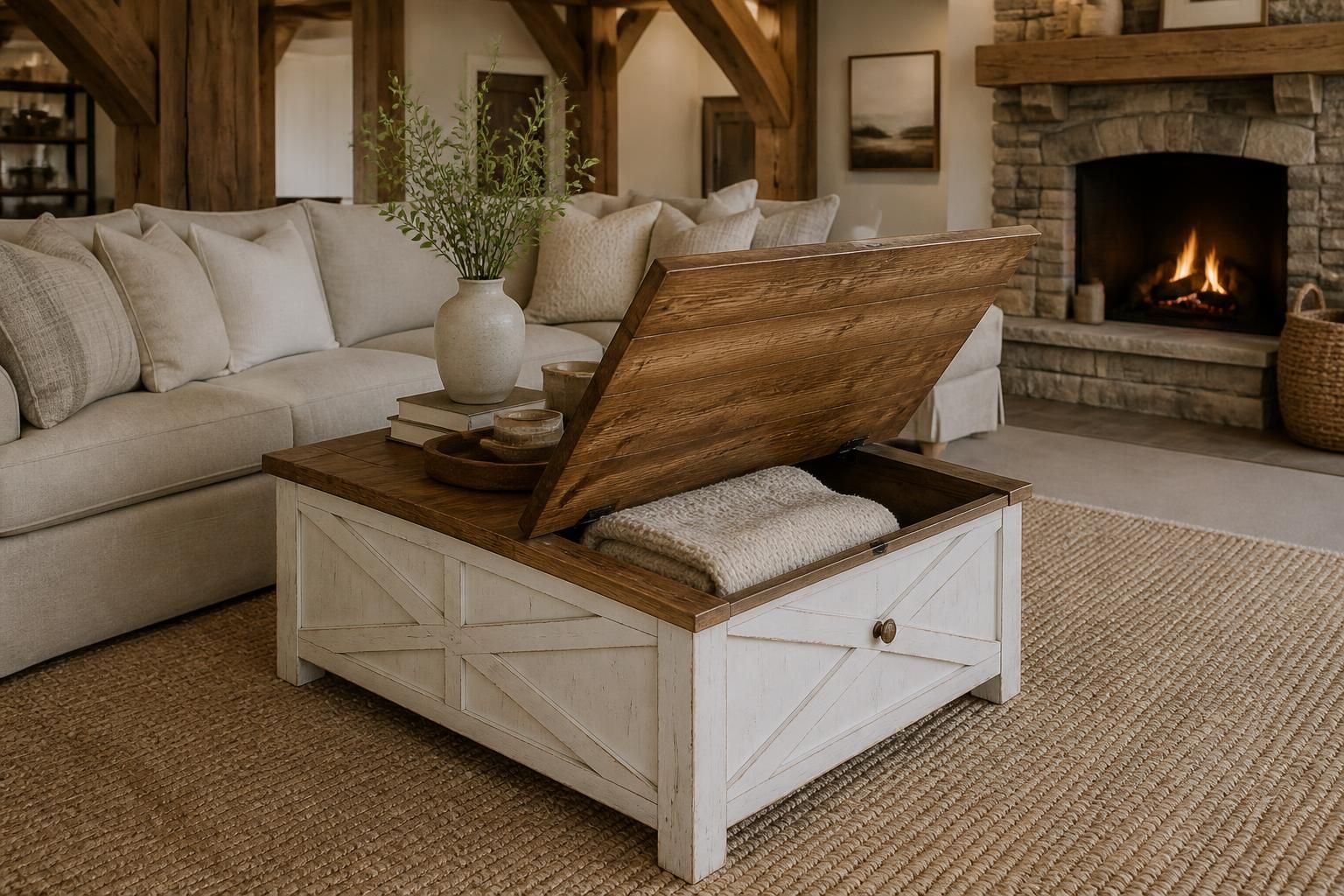 Farmhouse coffee table with flip-top storage styled in a rustic modern lodge living room