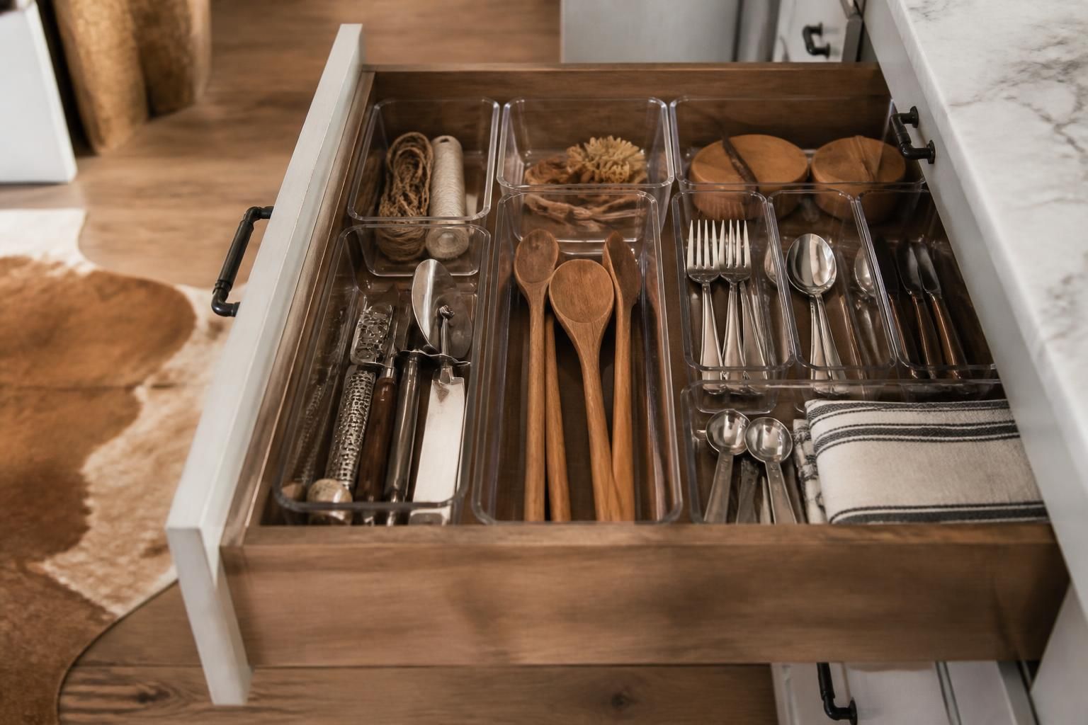 Open kitchen drawer fitted with clear plastic drawer organizer bins holding utensils