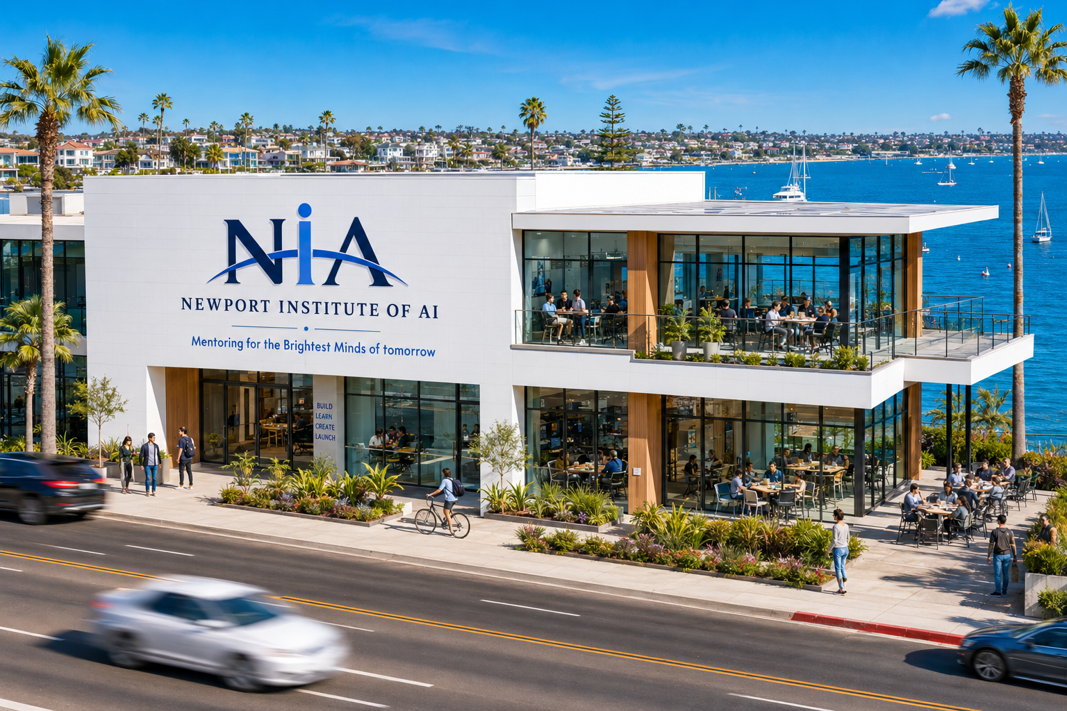 The Hive Agentic AI Lab — students at computers with Newport Harbor view